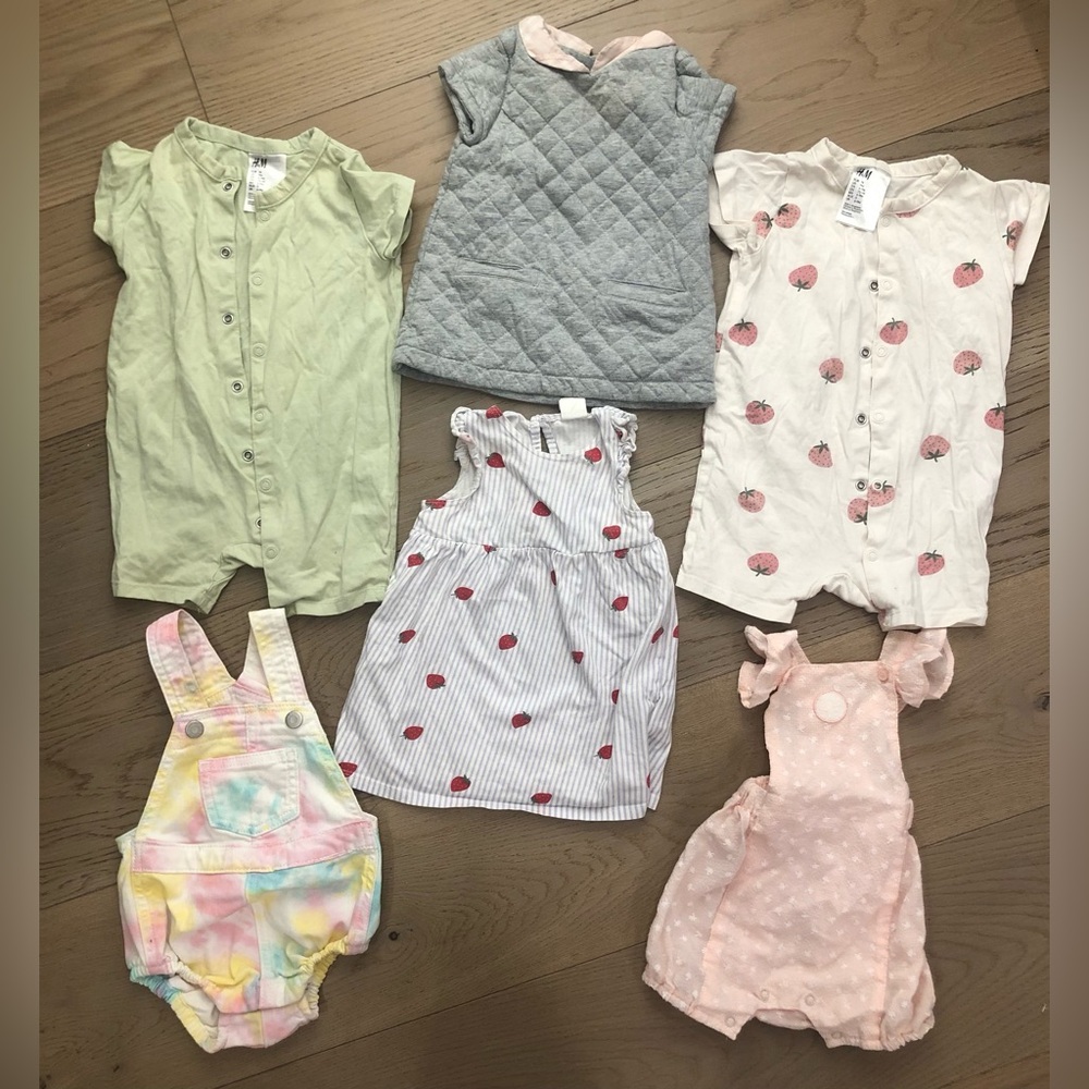 BURBERRY dress + Colorful bundle of baby clothes, h&m one pieces | (6-9M)
